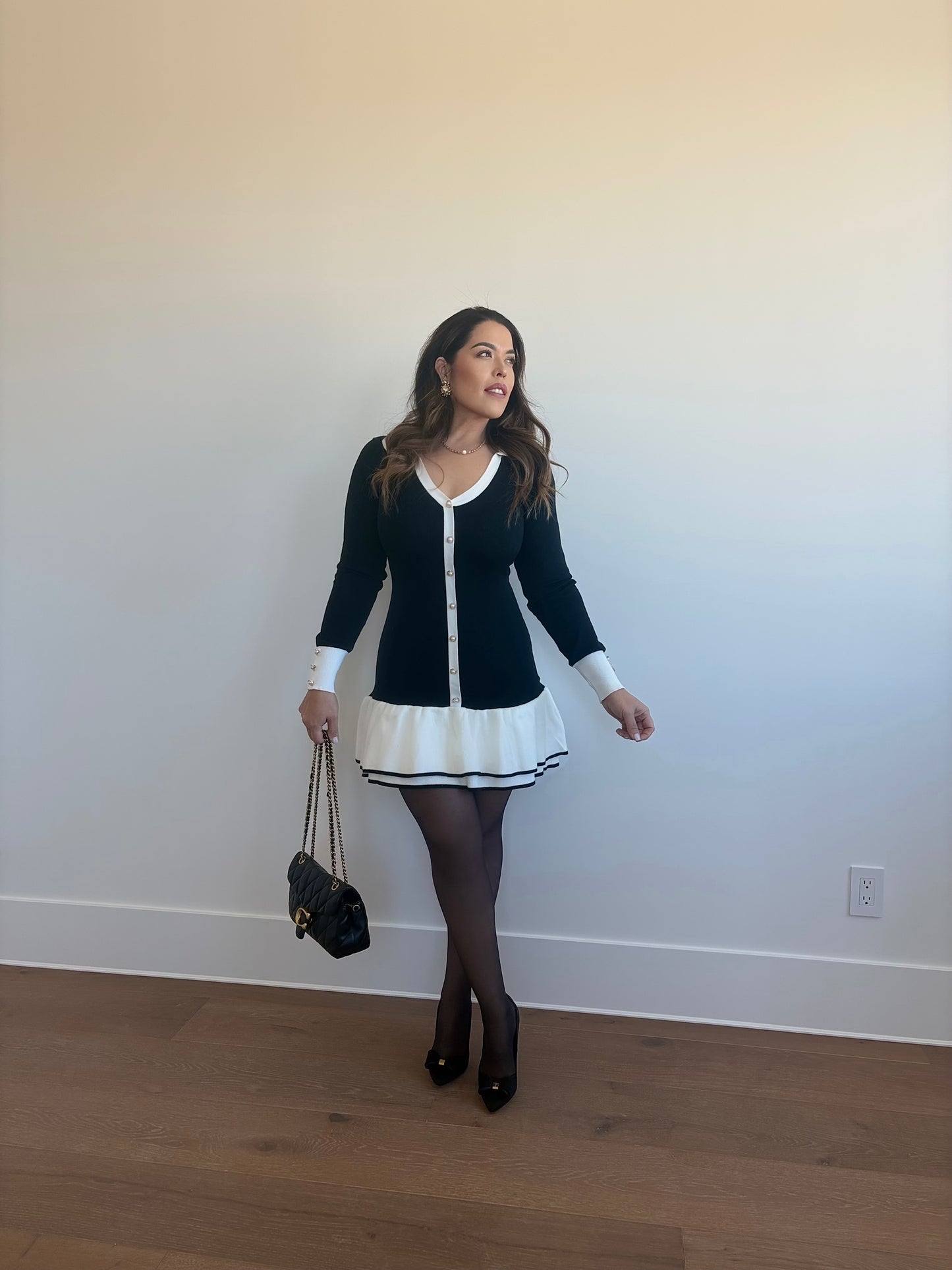 Black & White Pearl Ruffle Knit Dress
